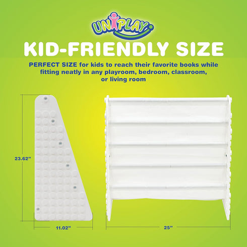 4-Tier UNiPLAY Kids Book Storage Organizer with Sling Book Pockets, Plastic Sling Rack Bookshelf for Playroom, Fits