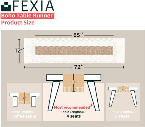 72 Inches (12x72 Inches) FEXIA Boho Table Runner for Thanksgiving Fall Christmas Home Decor with Tassels Long Pottery