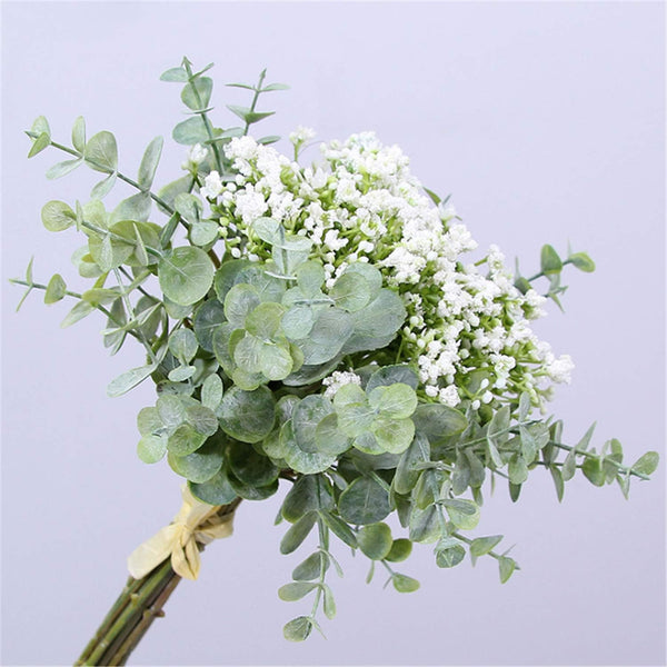 Artificial Eucalyptus Leaf and Babys Breath Bouquets for Wedding Party Home Decor, Pack of 1 (White)