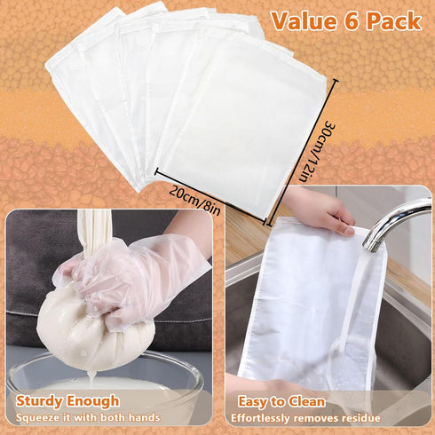 Gelapa 6 Pack 8"x12" Nut Milk Bag, Reusable Food Nylon Strainer Nut Bags for Straining Almond Milk Greek Yogurt, Cheese