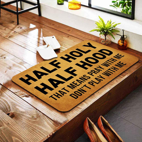 Mat(23.7 15.9 24*16 Funny Welcome Doormats for Entrance Way Indoor Half Holy Half Hood Pray with Me Not Play with Me