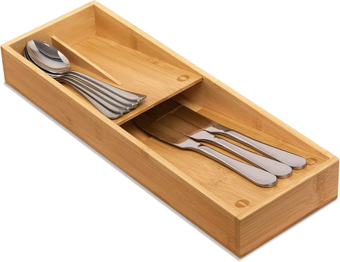 Bamboo Silverware Drawer Organizer, Kitchen Cutlery Tray, Utensil Holder for Spoons, Forks, Knives