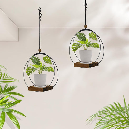 Stands(2 Pack+Pots) hismocal Hanging Planter for Indoor Plants,Plant Hanger with Sturdy Wood Base & Pot, Modern Boho