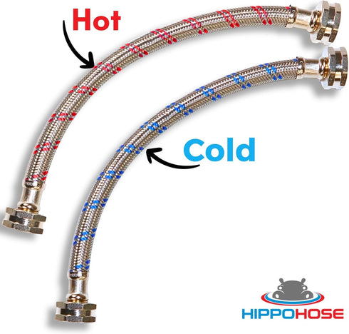 Washing Machine Hoses (1FT) - Braided Stainless Steel, Universal Fit for All Wash Machines, 2 Pack