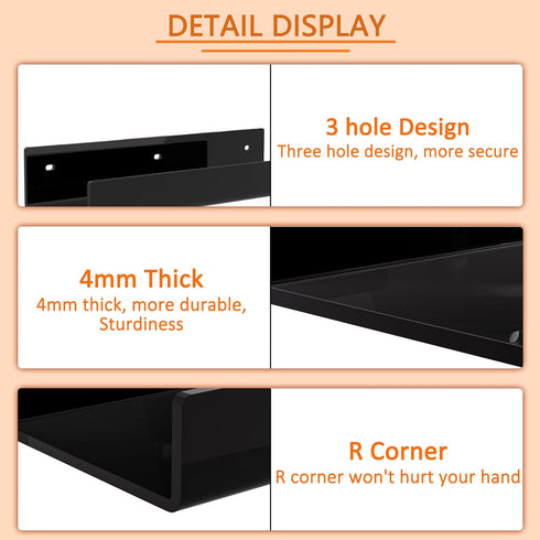 12 Inches 2 Pack, Black Acrylic Wall Shelf for Home, Acrylic Organizer Shelves for Wall, Wall Mounted Storage Display