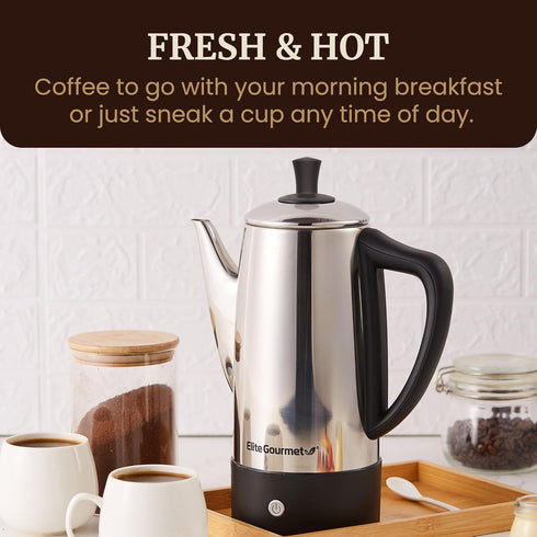 12-Cup 360 Elite Gourmet Electric Coffee Percolator, Dishwasher Safe Stainless-Steel Filter, Lid & Tube, Keep Warm
