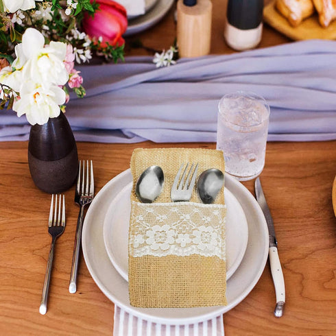 FQTANJU 50 PCS Burlap Lace Utensil Cutlery Holders Pouch for Rustic Wedding Party Decorations, 4"x8"