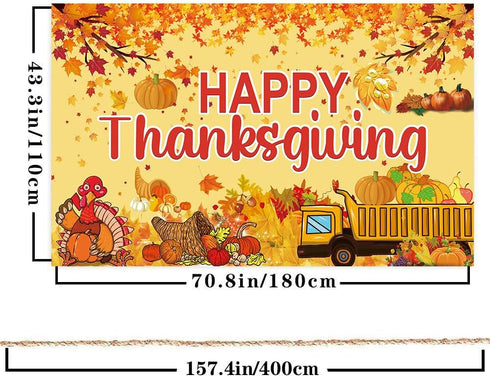 Famoby Happy Thanksgiving Fabric Sign Poster Banner Backdrop and Pumpkin Turkey Maple Leaf Pattern for Thanksgiving Day Photo Booth Background Party Decoration