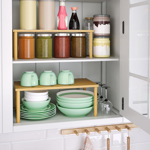 Set of 2 Bamboo Cabinet Organizer Shelves, Stackable Expandable Spice Rack for Kitchen Countertop and Cabinet Storage