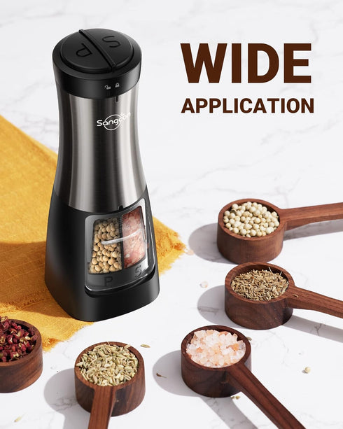 Set 2 1 Sangcon Electric Salt and Pepper Grinder Shaker IN - Automatic Salt and Pepper Grinder Mill, Battery Powered