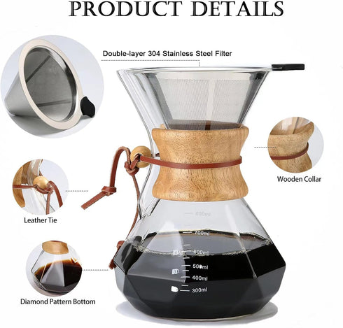 Pour Over Coffee Maker with Reusable Stainless Steel Filter, 27 oz Borosilicate Glass Carafe, Holds 4-6 Cups