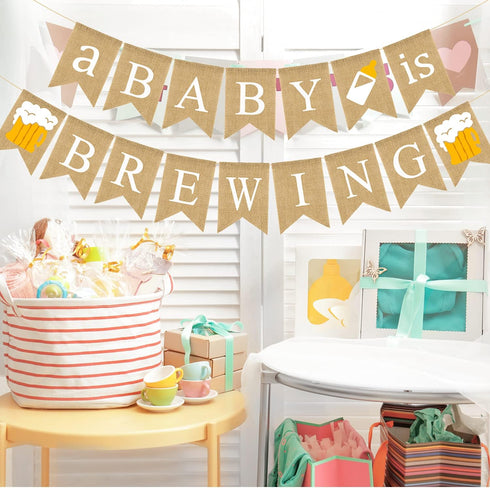 Doumeny Jute Burlap A Baby is Brewing Banner Baby Shower Decorations Banner Gender Reveal Bunting Garland Baby Bottle