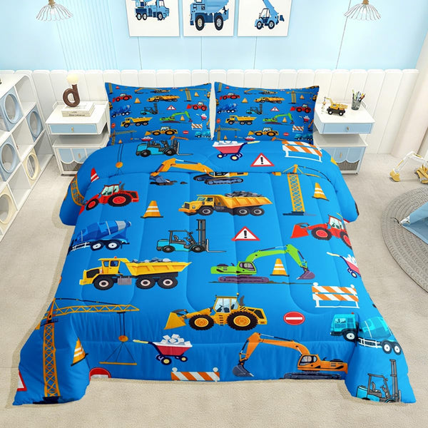 Feelyou Construction Comforter Set Boys Twin Size Blue Excavator Bedding Set with
