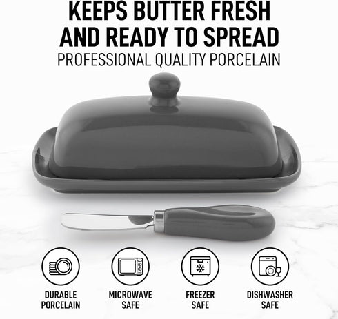 Countertop Zulay Butter Dish With Lid For - Porcelain Gray, Ceramic Butter Dish with Knob Handle Great for Cooking