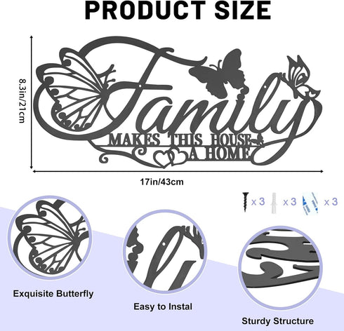 Family Metal Wall Decor Word Sign, Black Family Makes This House A Home Art, Butterflies Love Heart Wall Hanging