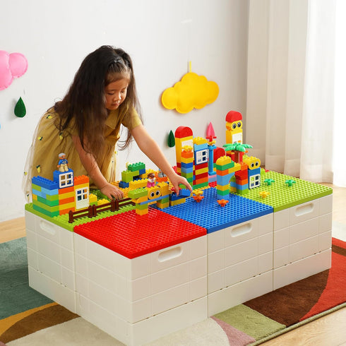 SHIMOYAMA Folding Storage Box for Duplo Blocks, 26 Qt. Foldable Toy Container, Blue with Building Lid