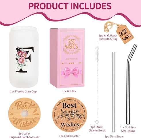 16oz Monogrammed Set, Personalized Initial Glass Cup for Women, Glass Cup with Lids and Straws, Gift Frosted Reusable