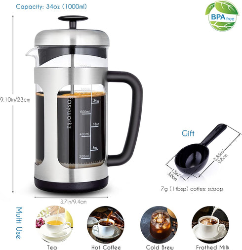 Easyworkz Stainless Steel French Press Coffee Tea Maker, 34 oz with Soft Grip Handle