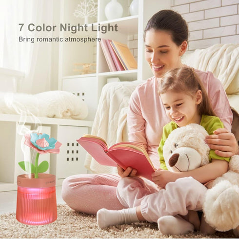 Bedroom Quiet Mini Humidifier, 260ml Auto Shut Off Desk Humidifier with Flower, 7 Colors Night Light for Travel