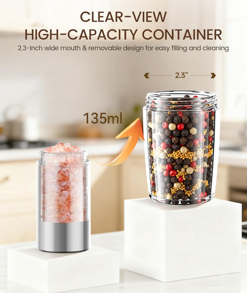 Set 135ml Ringco Gravity Electric Salt and Pepper Grinder with Charging Base, Automatic Gravity Salt and Pepper Mill