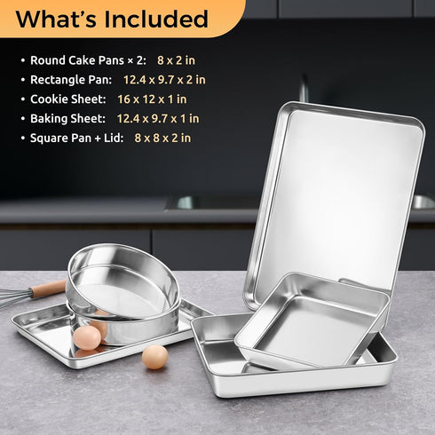 Set, 6-Piece Sets E-far Stainless Steel Baking Pan Metal Bakeware Include Cookie Sheet, Round Square Rectangle Cake