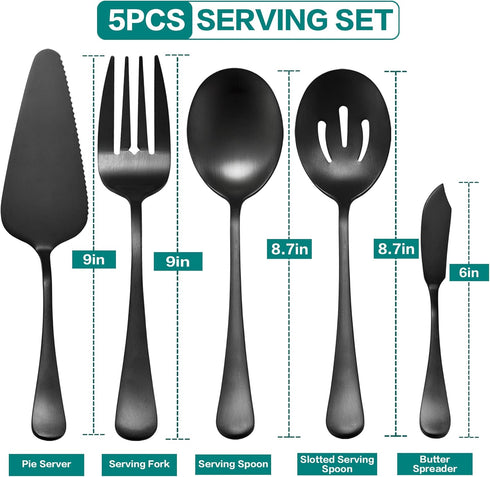 LIANYU 5-Piece Matte Black Serving Utensils Set, Stainless Steel Serving Set with Spoon, Fork, Flatware for Buffet