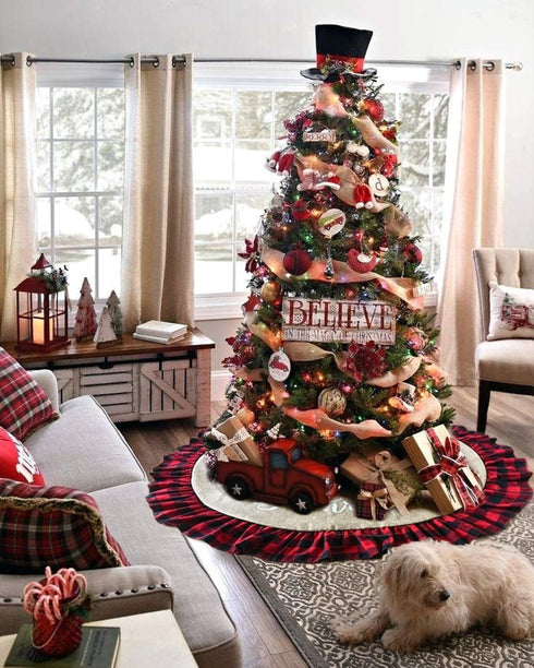 AISENO 48 Inch Christmas Tree Skirt Linen Burlap Buffalo Plaid Edge Decoration for Merry Christmas