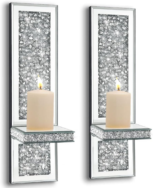 Pibeyer Set 2, Crystal Crush Diamond Wall Candle Holder of Silver Mirrored Candle Sconces, Home Wall Decoration