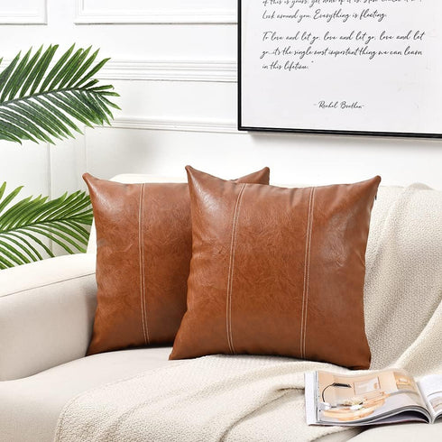 Fancy Homi 18x18 Inch 45x45 cm, Hand Stitched Brown Faux Leather Decorative Throw Pillow Covers for Living Room Couch