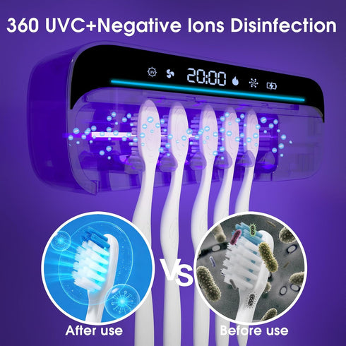 360 100M 5-Slot iHave Toothbrush Sanitizer Holder with Disinfection, Mold & Odor Removal | Auto-Cycle UVC, Ions & Fan