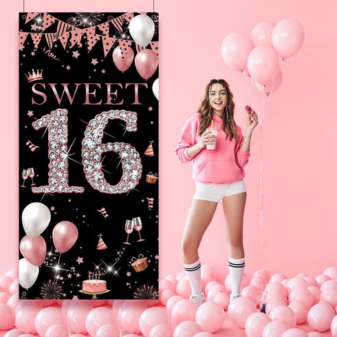 Sweet 16 Birthday Door Banner Backdrop, Happy 16th Birthday Decorations for Girls, Rose Gold, 6.1ft x 3ft