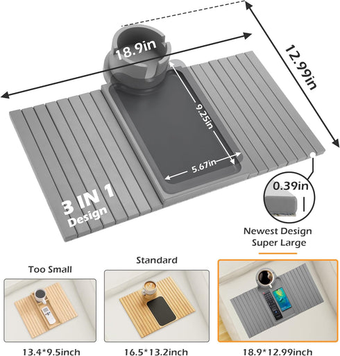 Couch Cup Holder Tray, Large Arm Table Tray with 360° Rotated Phone Holder, 3 in 1 Bamboo Sofa Armrest Organizer