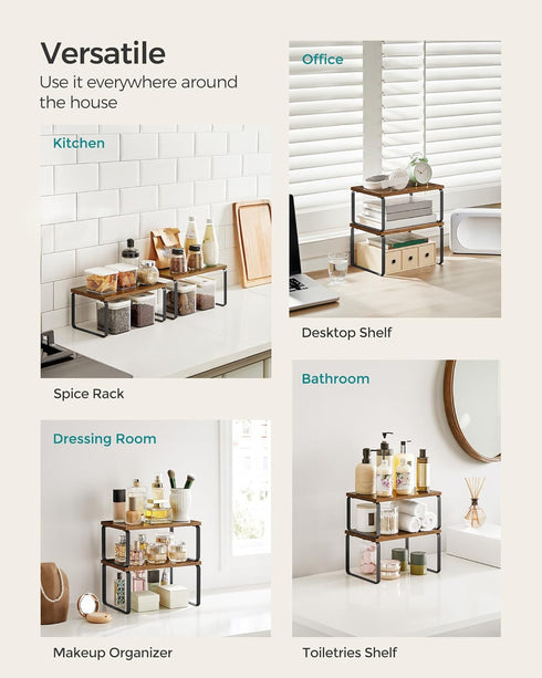 SONGMICS Cabinet Organizer Shelf, Set of 4 Stackable Kitchen Counter Shelves, Spice Rack, Metal and Engineered Wood