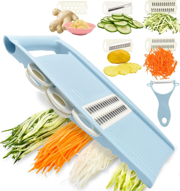 5 in 1 Mandoline Slicer for Kitchen, Blue Vegetable Slicer Multi Blade, Veggie Shredder, Potato Chip Cutter, Julienne