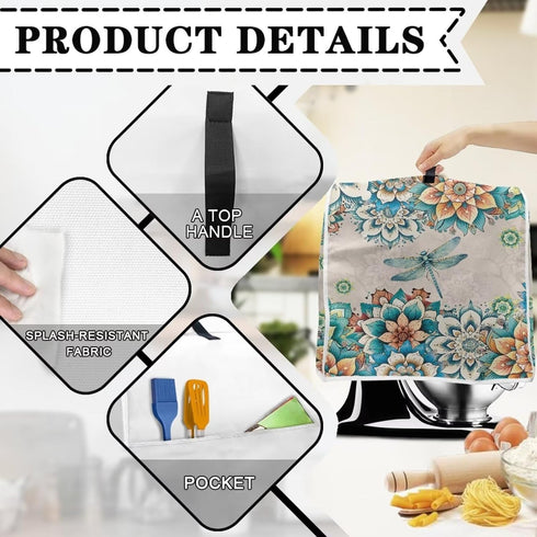 UNICEU Boho Floral Dragonfly Kitchen Aid Mixer Protective Dust Cover, Stand Mixer Blender Cover with Pocket