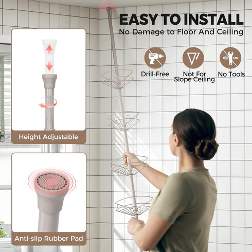 4 Holder,63.7-119 Inch Urackify Corner Shower Caddy Tension Pole, Tier Adjustable Bathroom Organizer Shelves, Shower