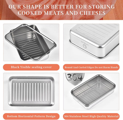 6 Pack 4 UPTRUST Bacon Cheese Container for Refrigerator, Stainless Steel Meat Container, Dishwasher Safe Storage