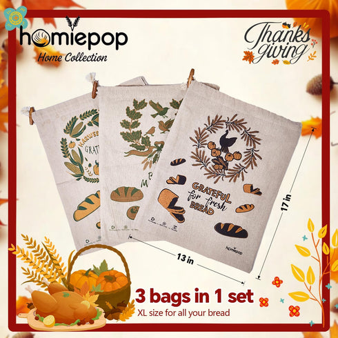HomiePop 3Pcs 17 13 Inch Packaging Bread Bags for Homemade Bread Linen Reusable Bread Bags with Drawstring Closure