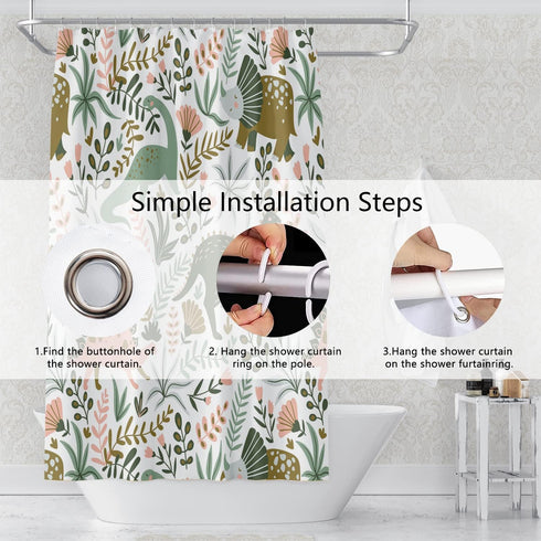 72x78 Inch Dinosaur Themed Bathroom Shower Curtain Green Dino Tropical Leaves with Hooks Waterproof Fabric Polyester