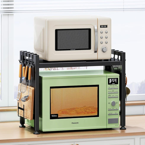 Expandable Microwave Stand Countertop, 2-Tier Adjustable Rack with 8 Hooks & 2 Holders, Heavy Duty Carbon Steel Shelf