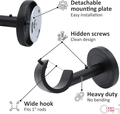 Ceiling Curtain Rod Brackets, 2 pcs Heavy Duty Holders for Up to 1 Inch Rods, Ceiling Mount and Wall Installation