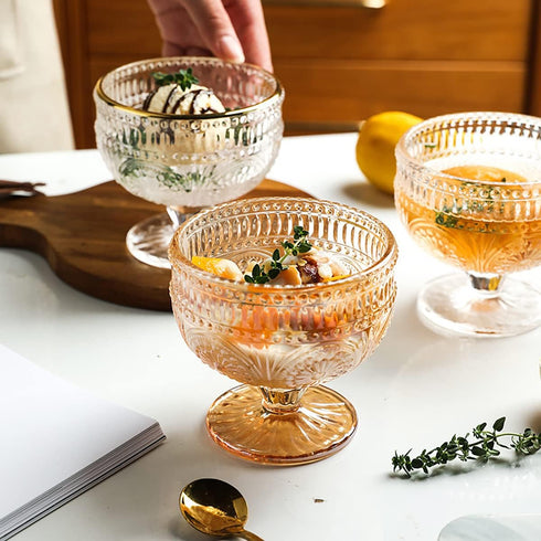 Vintage Sunflower Embossed Glass Footed Dessert Bowl, 9 oz Ice Cream, Trifle, Salad Bowl for Home Party Wedding, Amber