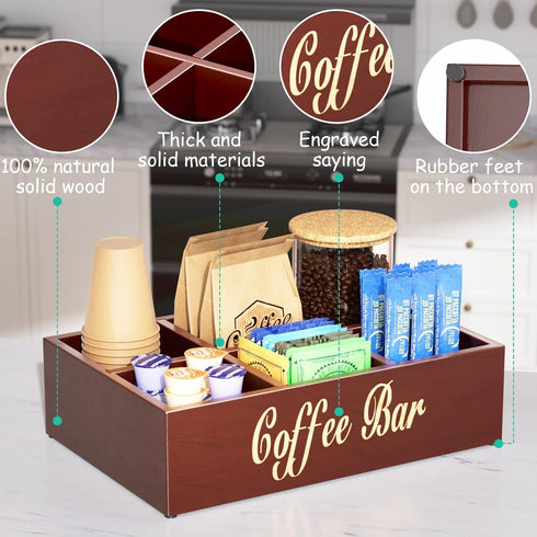 Coffee Station Organizer for Countertop - Wooden Coffee Bar with Removable Dividers, Farmhouse Coffee Pod Holder Basket