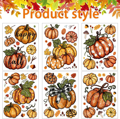 YUJUN 6 Sheets Thanksgiving Fall Window Clings,Pumpkin Maple Leaves Oil Painting Window Decals Stickers for Autumn Glass Home Decor and Thanksgiving Fall Window Decoration