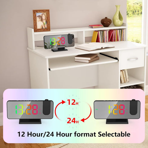 Projection Alarm Clock for Bedroom Ceiling, 180° Rotatable Projector, 7.4” Mirror RGB Digital LED Display, Dual Alarm