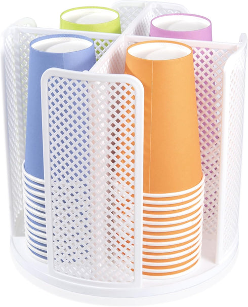Rotating Paper Cup Dispenser with 4 Compartments, Removable Plastic Cup Storage & Lid Holder for Kitchen Countertops