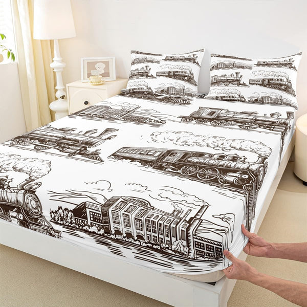 Manfei Train Kids Fitted Sheet Queen Size, Retro Steam Locomotive Train Bedding