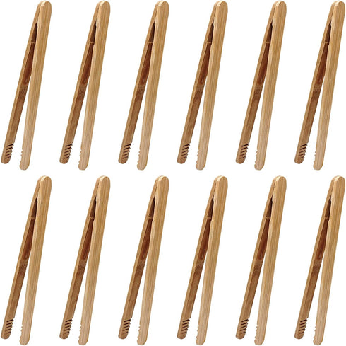 12 Pcs Bamboo Tongs, 7 Inch Toast Tongs for Serving Pickle, Muffin, Cheese, Fruits, Salad, Toast & Bread