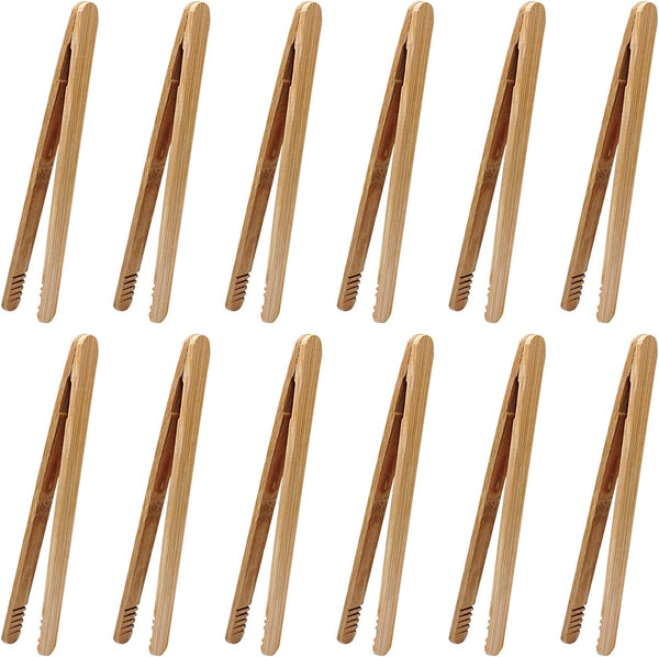 12 Pcs Bamboo Tongs, 7 Inch Toast Tongs for Serving Pickle, Muffin, Cheese, Fruits, Salad, Toast & Bread
