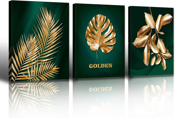JiazuGo Green and Gold Wall Decor - Emerald Green Bathroom Decor, Gold Tropic Plant Canvas Art for Vintage Room